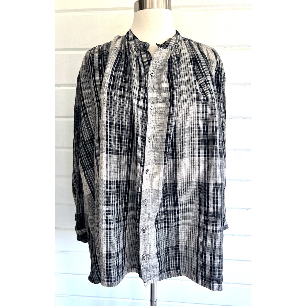 ICHI ANTIQUITES Voluminous Linen Button Up Shirt in Black/Beige Plaid - O/S